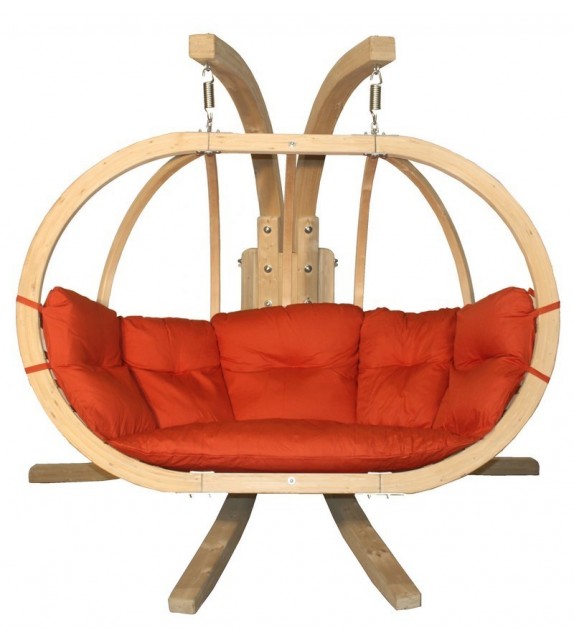 Zestaw - Fotel wiszący drewniany ze stojakiem - Bubble Double Wood Red